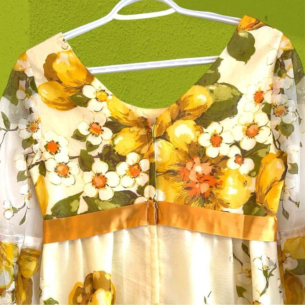 60s vintage Nu-Mode chiffon empire waist gown floral - Picture 10 of 16